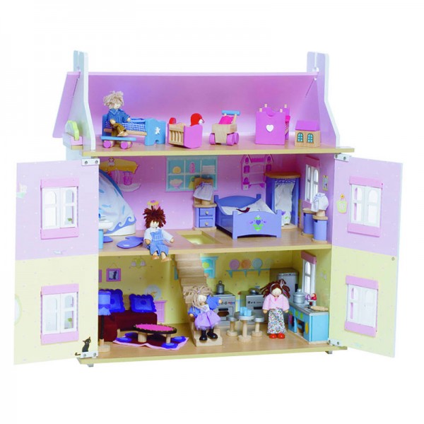 Lilac color dolls house with open doors