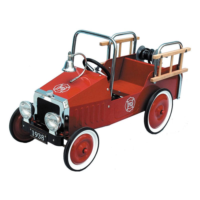 Fire engine pedal car for active firefighters. Red toy rider.